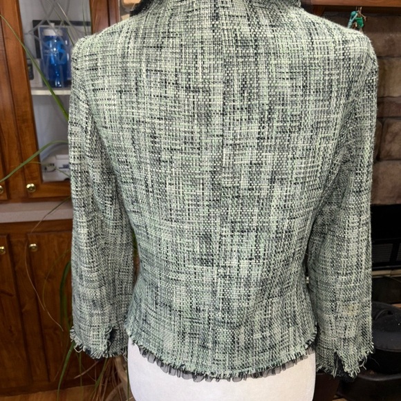 RIVER ISLAND SIZE 14 GREEN & WHITE TWEED BLAZER WITH BLACK LACE TRIM - Picture 7 of 8